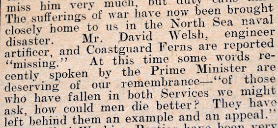 Alnwick and County Gazette, October 17th 1914 Coastguarrd Ferns missing.