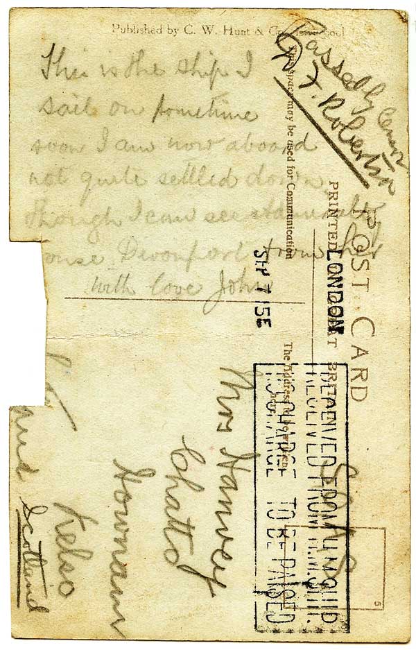 Post card sent by John Hanvey on September 7th, 1915