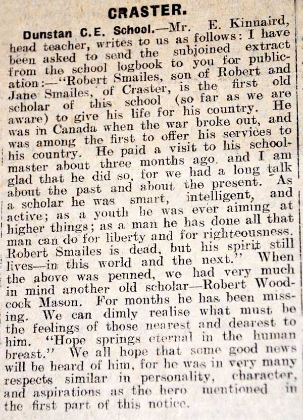 Robert's former headteacher writing in the Alnwick Gazette, October 1st 1916. 