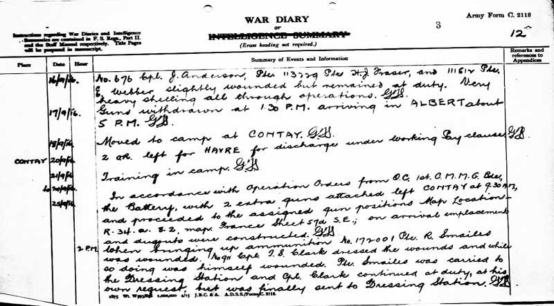 Eaton's Motor Machine Gun Battery, war Diary entry September 25th 1916