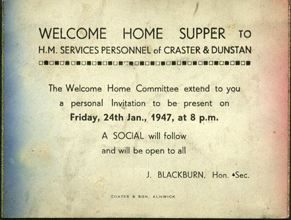 Invitation to a welcome home supper in 1947 addrressed to Norman Sanderson.