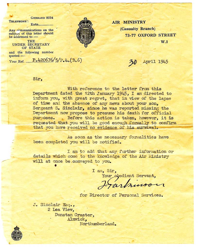 Letter from the Air Ministry April 30th 1945